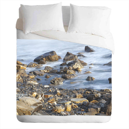 Warm and cozy fleece blanket with rocky beach photo print - energetic and unique decor