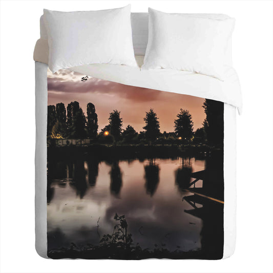 Warm and cozy fleece blanket with lake landscape photo print - romantic and cozy sunset