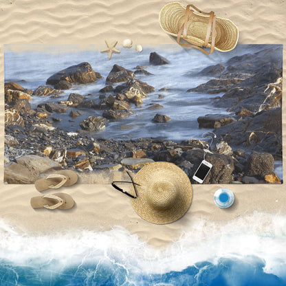 Beach towel photo of a rocky beach | Opposite Home