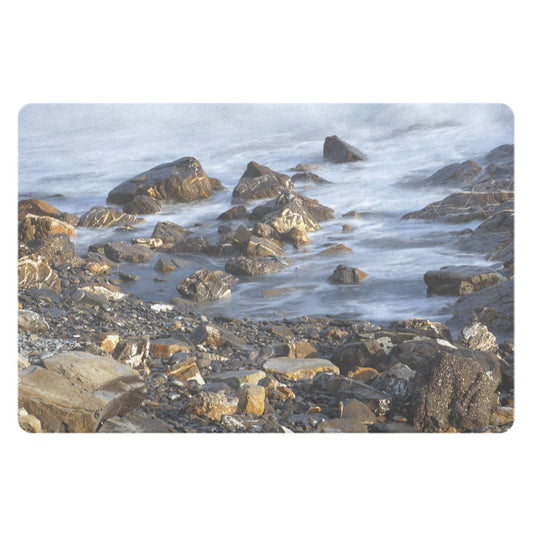 Decorative doormat with photo print of a rocky beach - practical for bathroom and kitchen