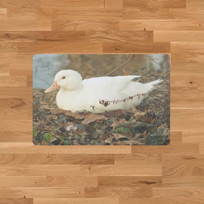 Decorative doormat with photographic print of a white duck - ideal for children's rooms