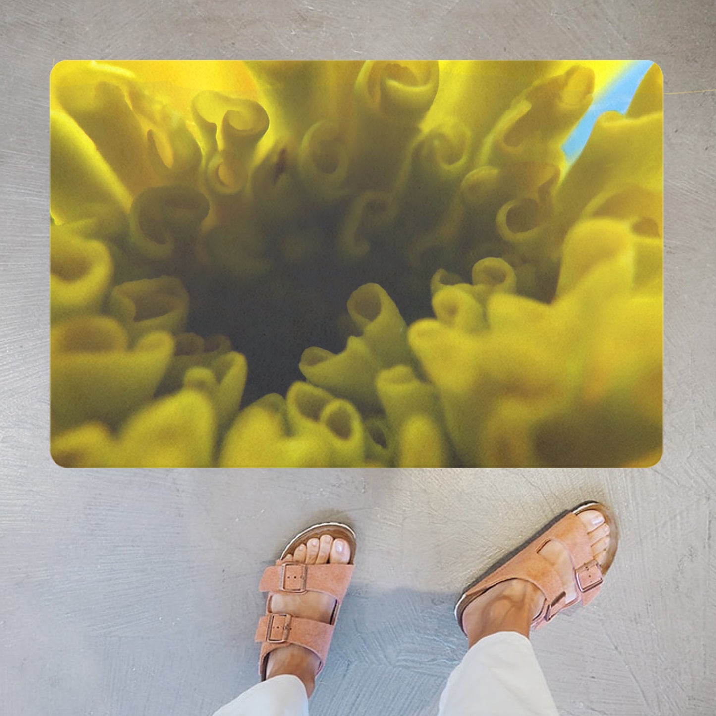 Decorative doormat with floral photo print - bright yellow flower - practical for bathroom and kitchen