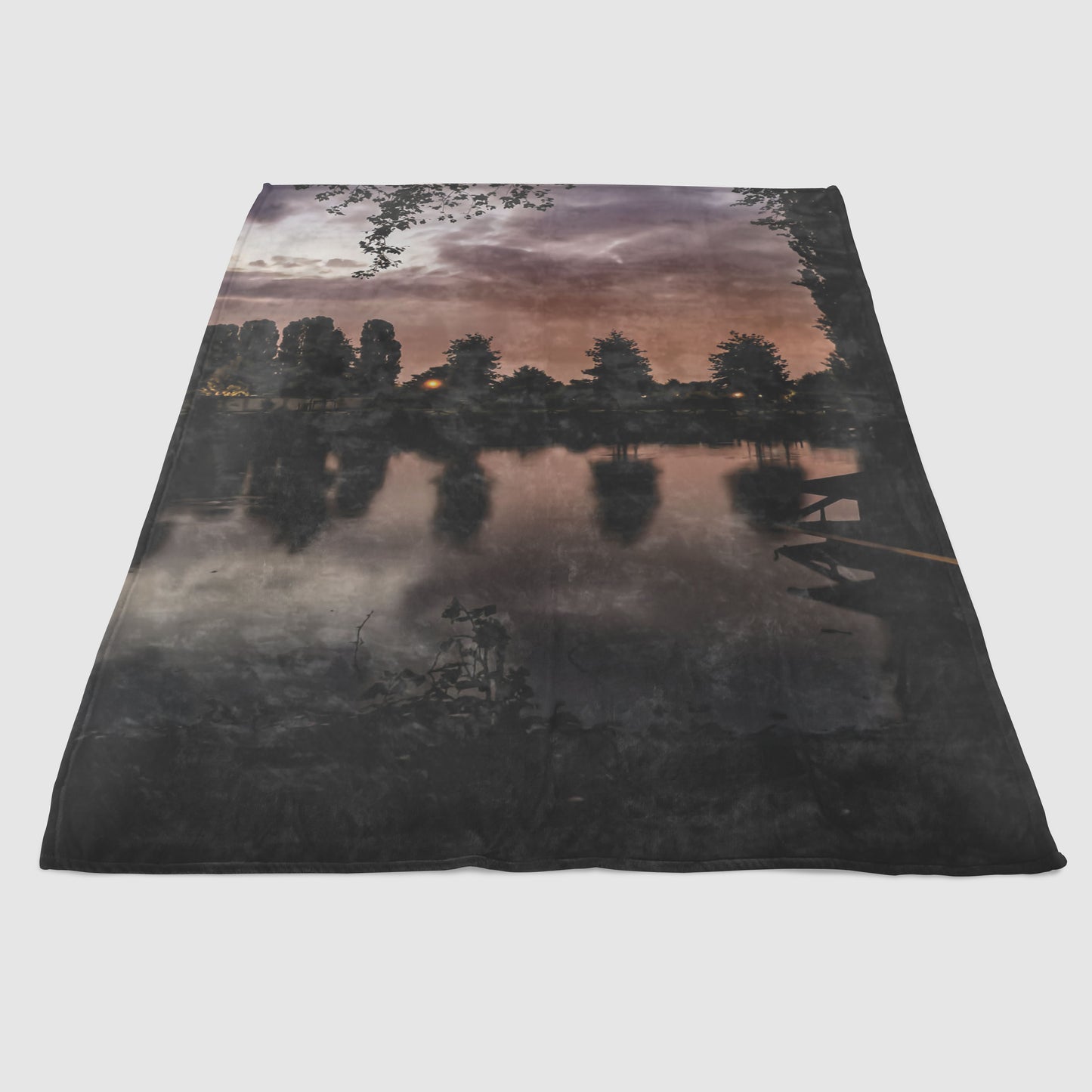 Lightweight fleece blanket with lake landscape photo print - romantic and cozy sunset