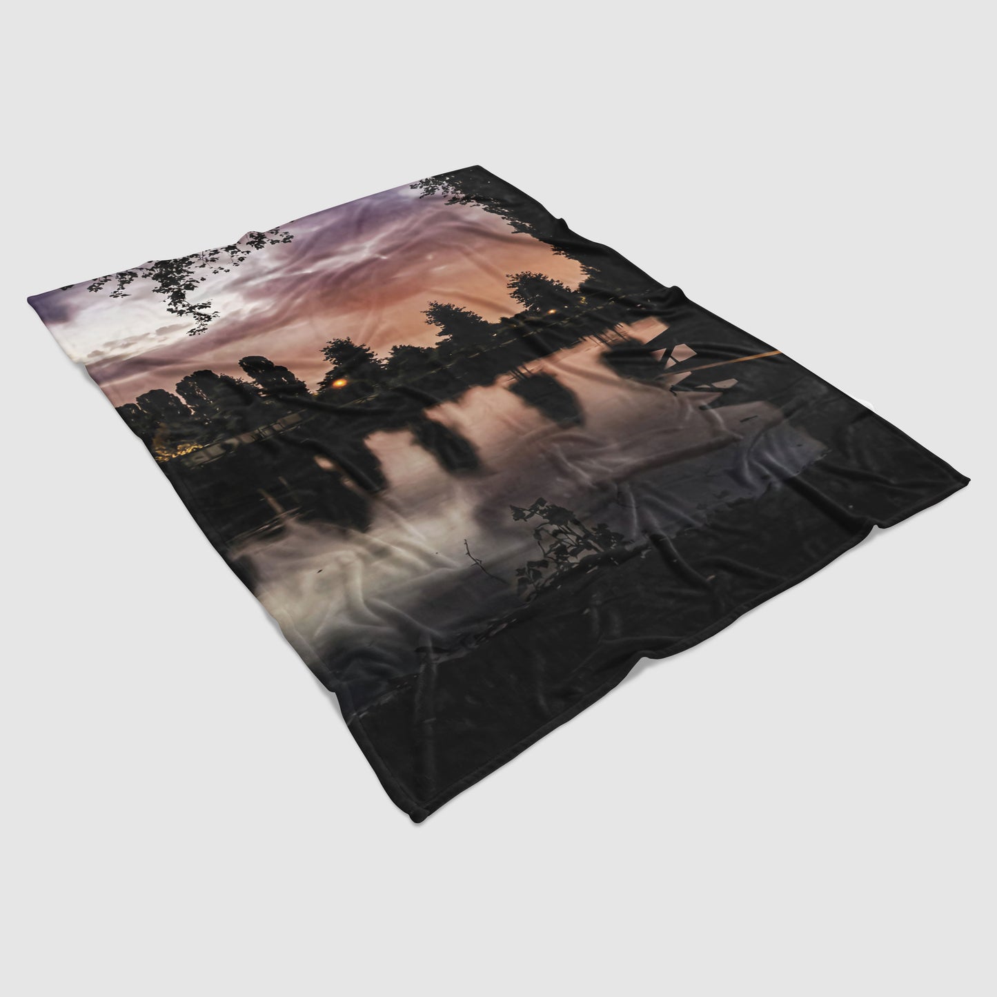 Lightweight fleece blanket with lake landscape photo print - romantic and cozy sunset