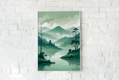 Poster Artistic illustration in Japandi style, Mountain river in shades of green | Opposite Home