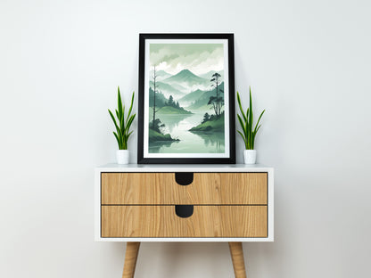 Poster Artistic illustration in Japandi style, Mountain river in shades of green | Opposite Home