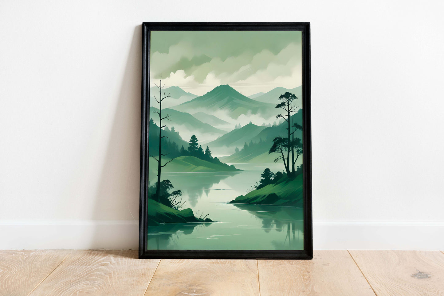 Poster Artistic illustration in Japandi style, Mountain river in shades of green | Opposite Home