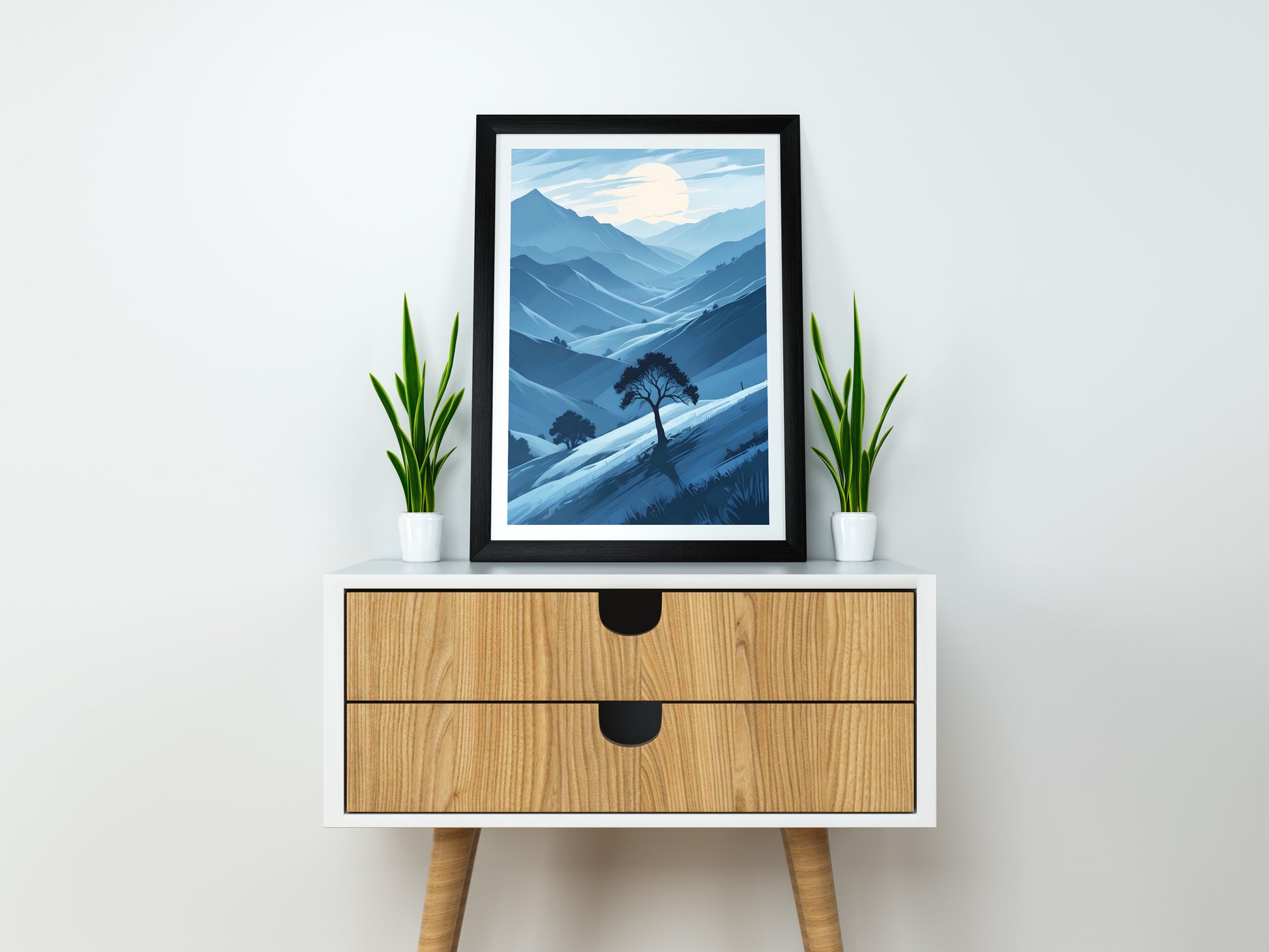 Poster Artistic illustration in Japandi style, mountain landscape in shades of blue | Opposite Home