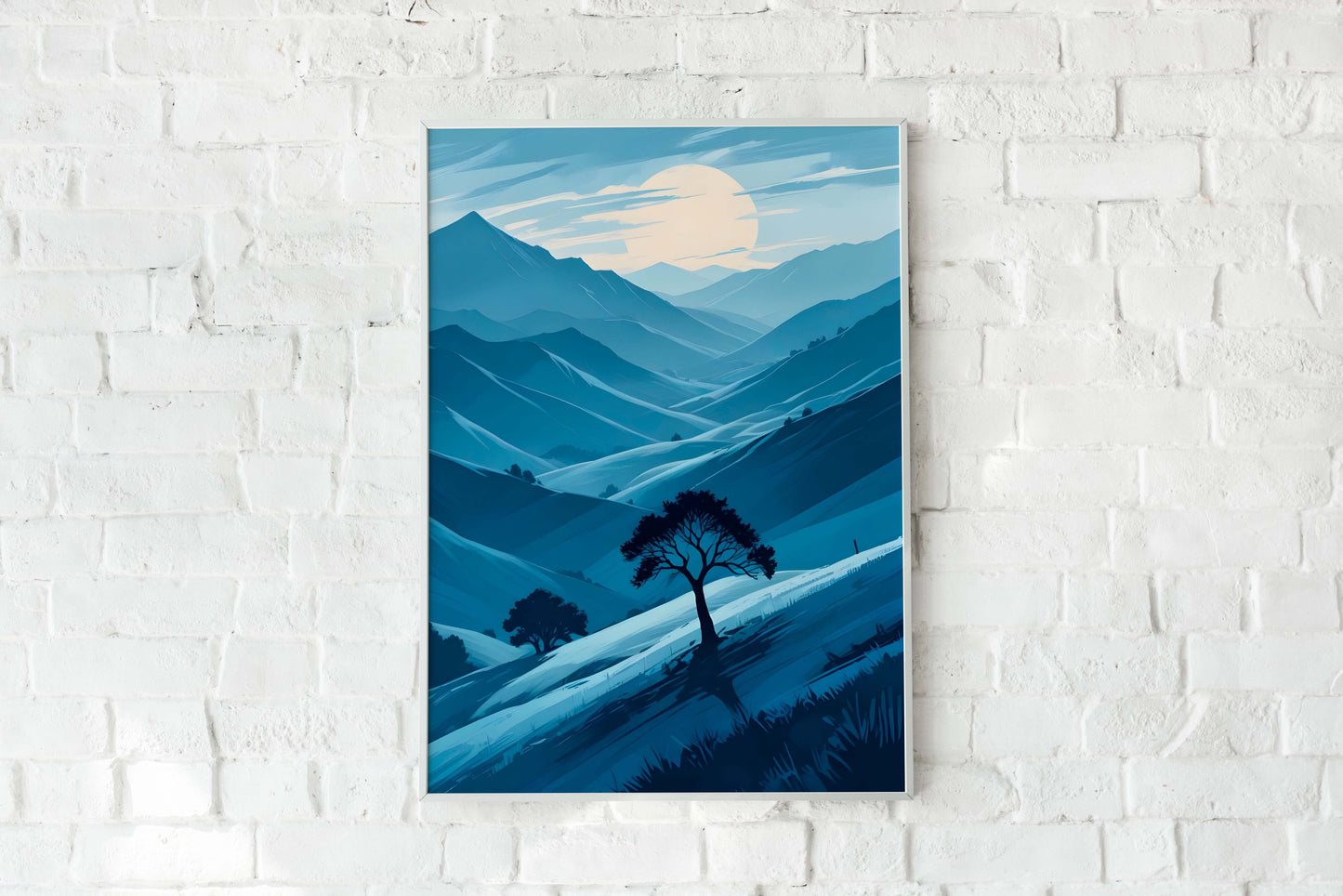 Poster Artistic illustration in Japandi style, mountain landscape in shades of blue | Opposite Home