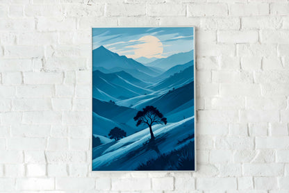 Poster Artistic illustration in Japandi style, mountain landscape in shades of blue | Opposite Home