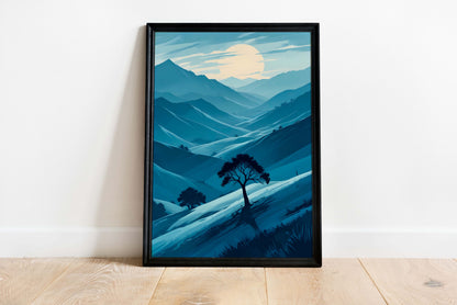 Poster Artistic illustration in Japandi style, mountain landscape in shades of blue | Opposite Home